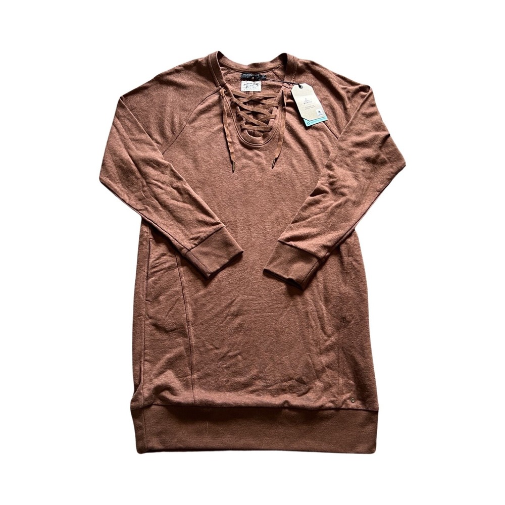 Prana Lace Up Sweatshirt Dress Terracotta Brown‎ Long Sleeve Pocketed NWT Large